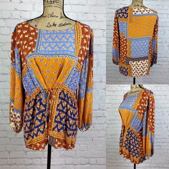 Forever21 Crinkly Patchwork Boho Front Tie Top - Picture 1 of 1